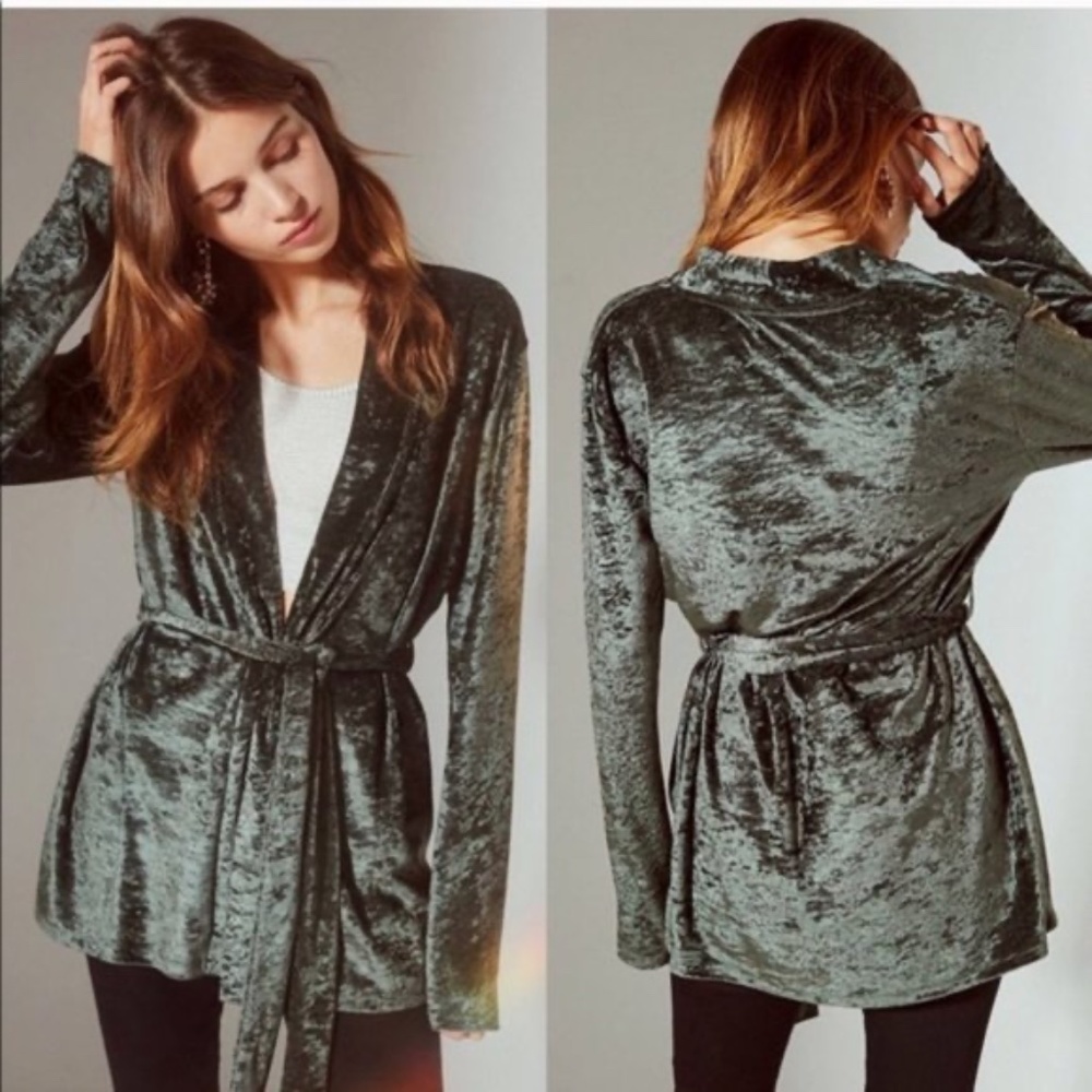 Urban Outfitters Crushed Velvet Kimno Jacket Cardigan Wrap Robe Top Medium Green
